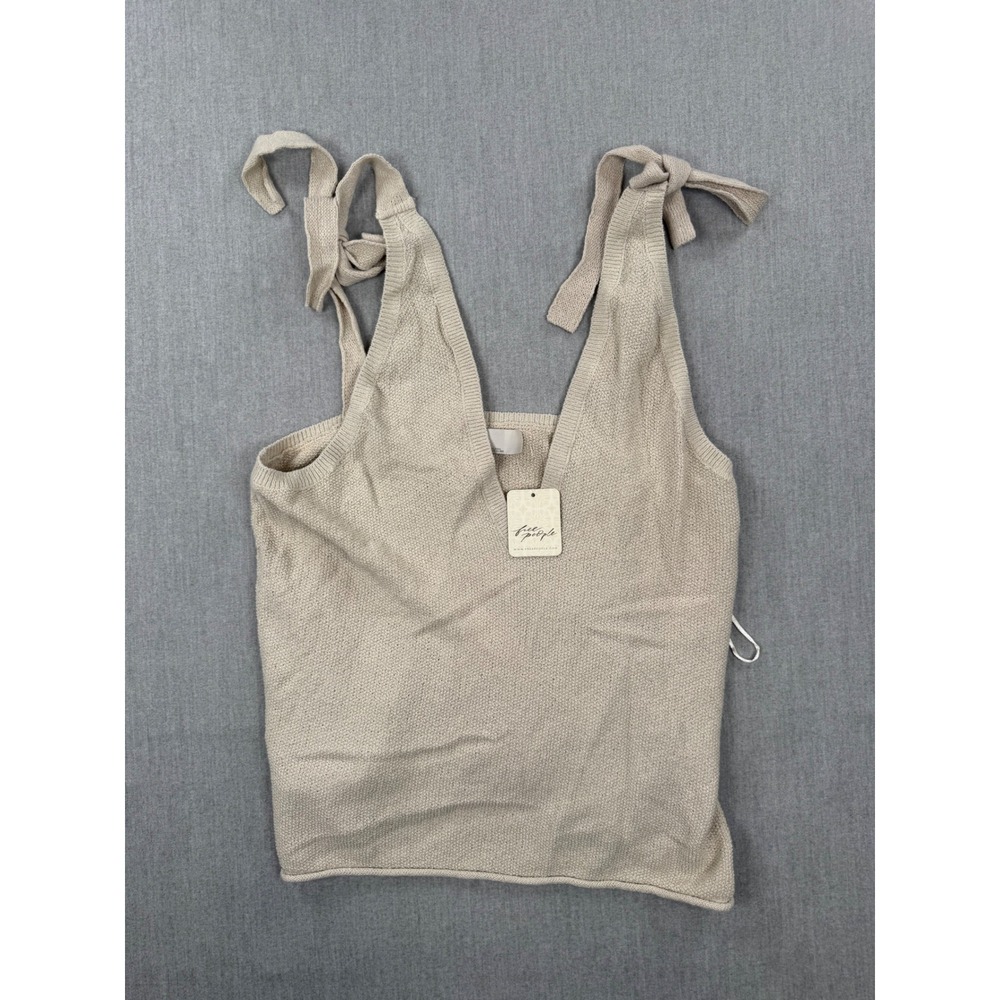 Free People Beach Tie Shoulder Knit Tank Top Beige Small NEW